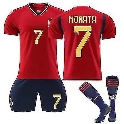 2023 Camiseta de fútbol masculino y femenino Morata 7# Pedri 10# Manga corta roja