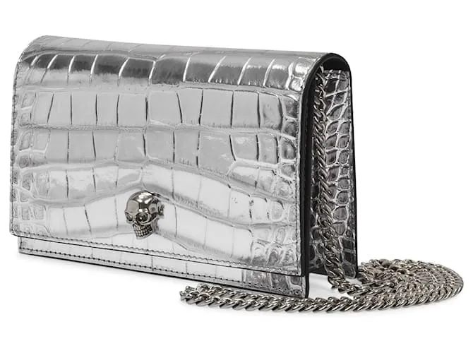 Alexander Mcqueen Minibolso Skull en cuero plateado con bordados Metálico 
