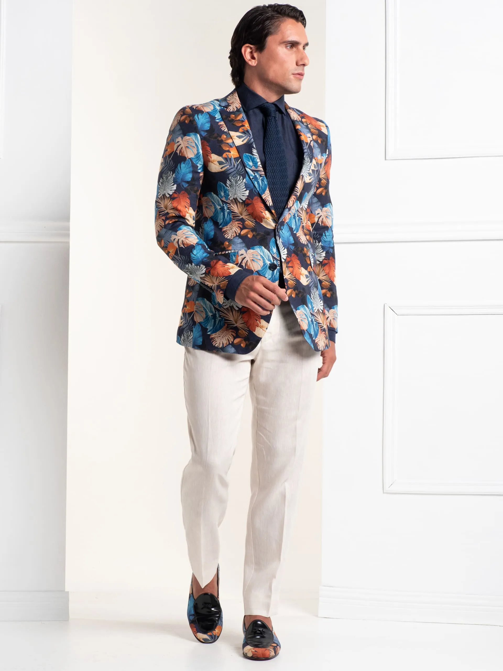 AMERICANA ESTAMPADA HOJAS MARINO NARANJA