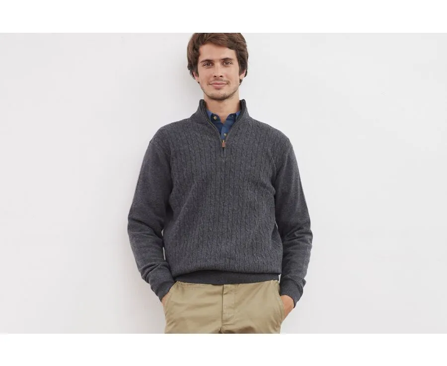 ANTHRACITE MELANGE GREY HALFZIP WOOL CABLE KNIT SWEATER  KEITHOR