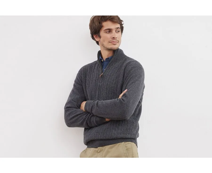 ANTHRACITE MELANGE GREY HALFZIP WOOL CABLE KNIT SWEATER  KEITHOR