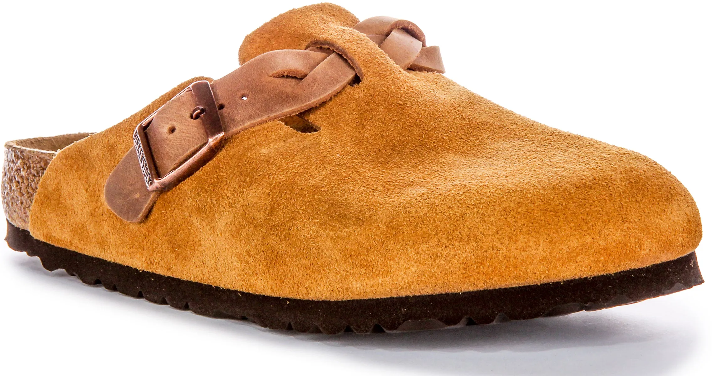 Birkenstock Boston Braided Elegant Pin Sandalias de Cuero Gamuzado con Hebilla en Marrón Claro