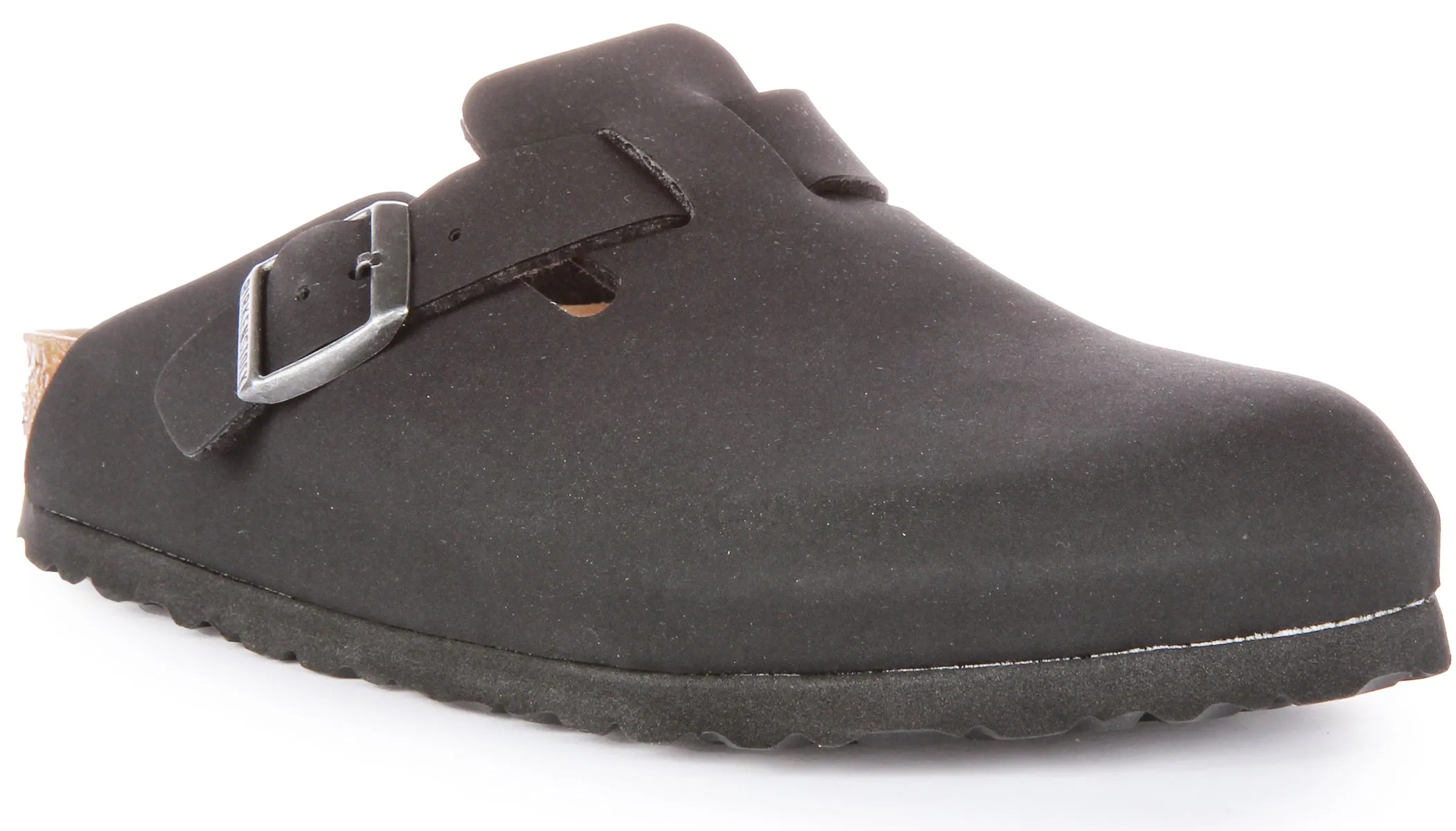 Birkenstock Boston Braided Elegant Pin Sandalias de Cuero Gamuzado con Hebilla en Marrón Claro