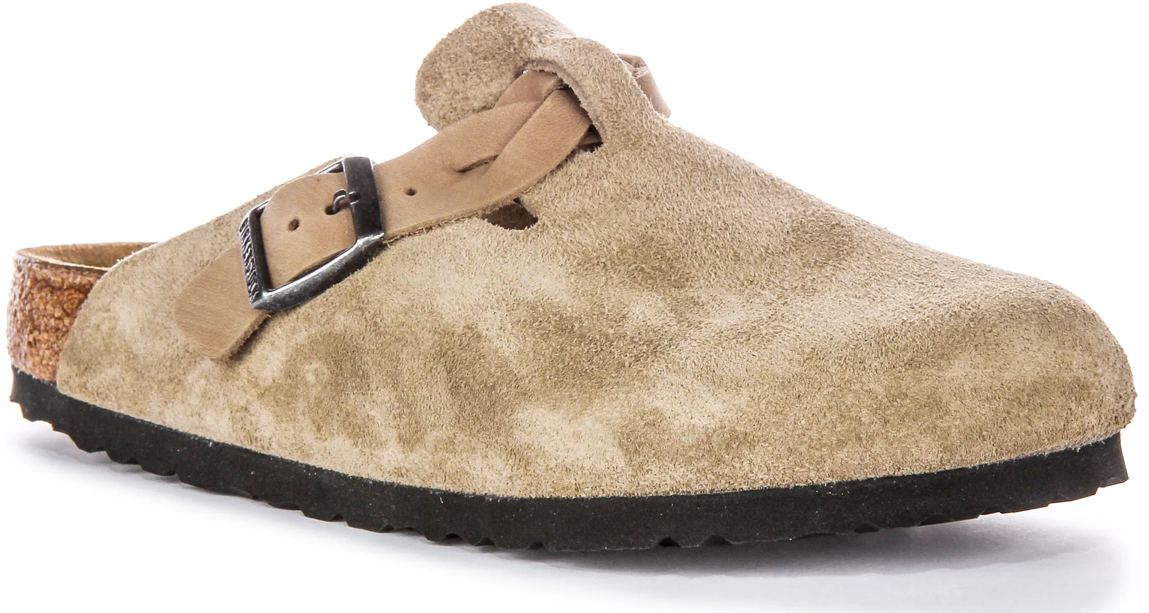 Birkenstock Boston Braided Elegant Pin Sandalias de Cuero Gamuzado con Hebilla en Topo
