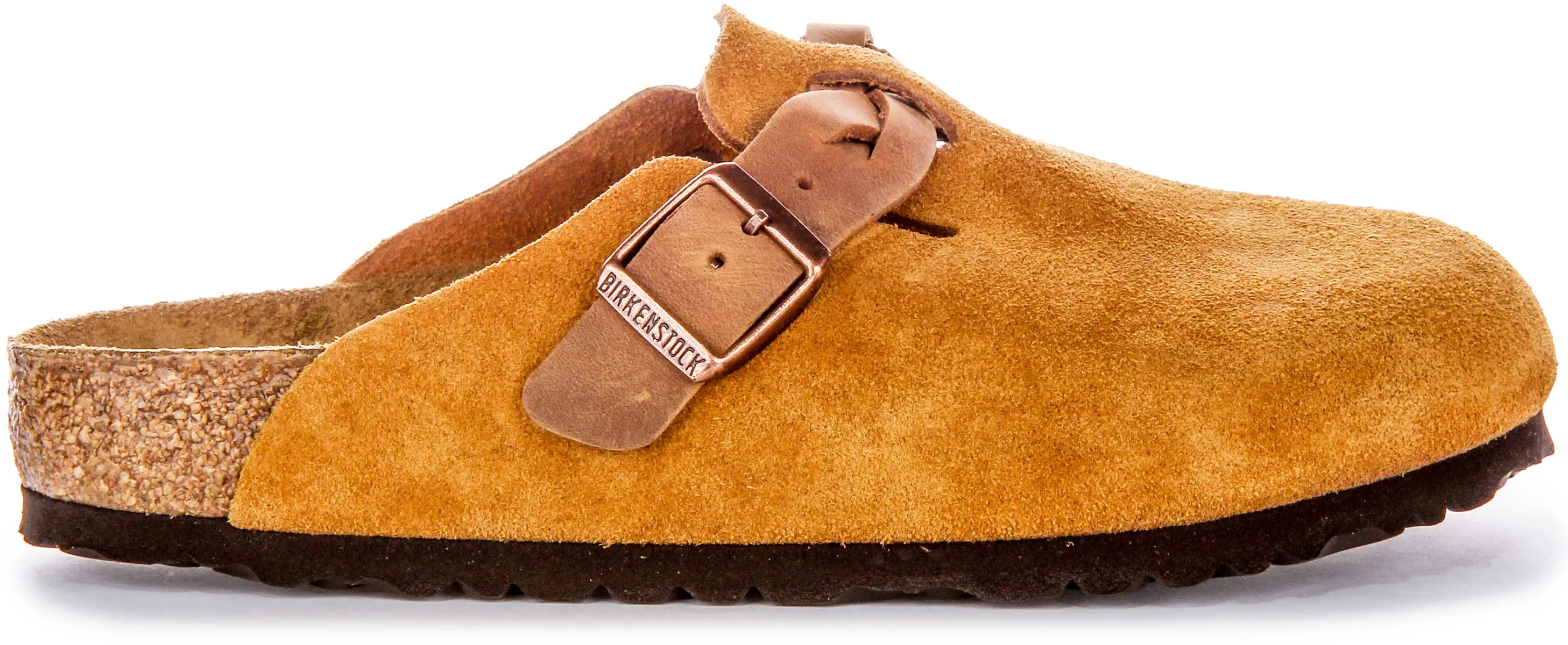 Birkenstock Boston Braided Elegant Pin Sandalias de Cuero Gamuzado con Hebilla en Topo