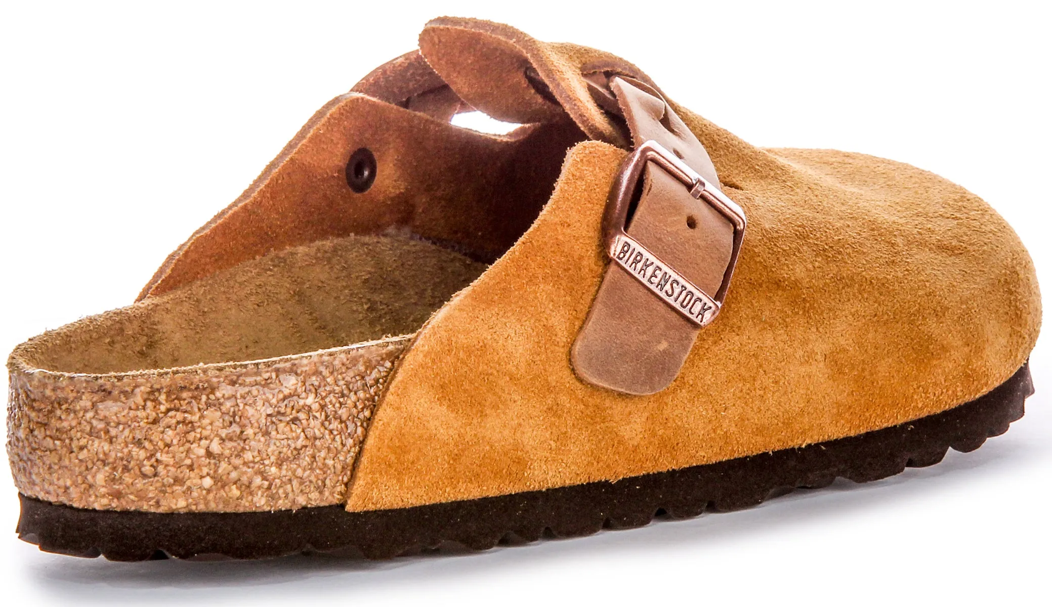 Birkenstock Boston Braided Elegant Pin Sandalias de Cuero Gamuzado con Hebilla en Topo