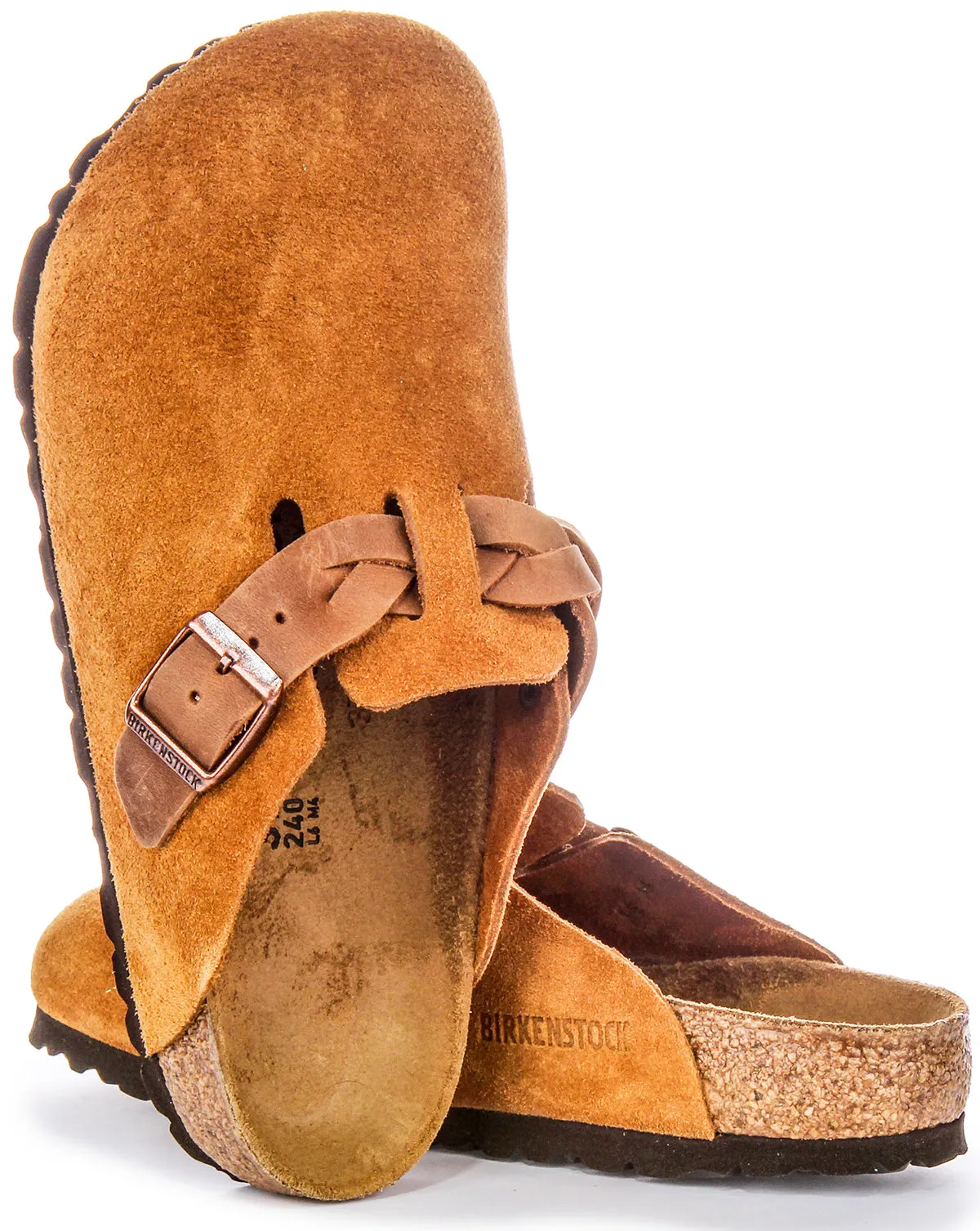 Birkenstock Boston Braided Elegant Pin Sandalias de Cuero Gamuzado con Hebilla en Topo