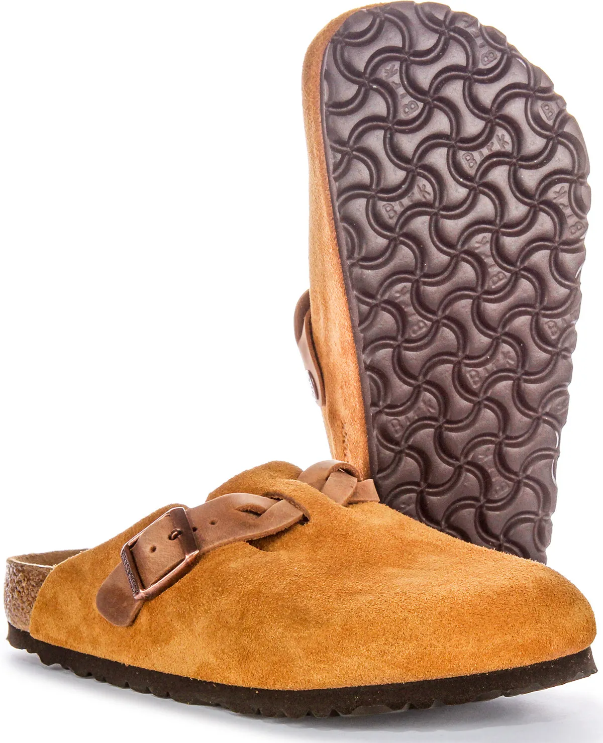 Birkenstock Boston Braided Elegant Pin Sandalias de Cuero Gamuzado con Hebilla en Topo