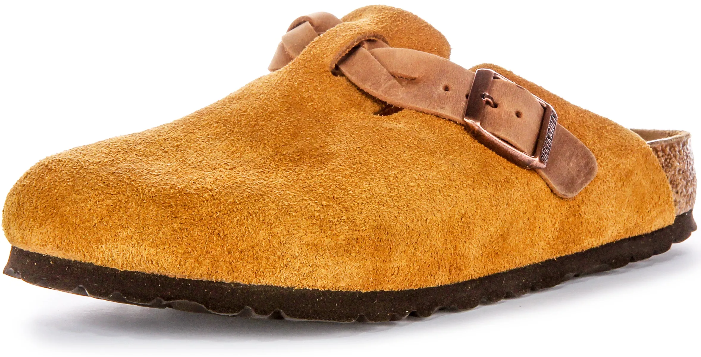 Birkenstock Boston Braided Elegant Pin Sandalias de Cuero Gamuzado con Hebilla en Topo