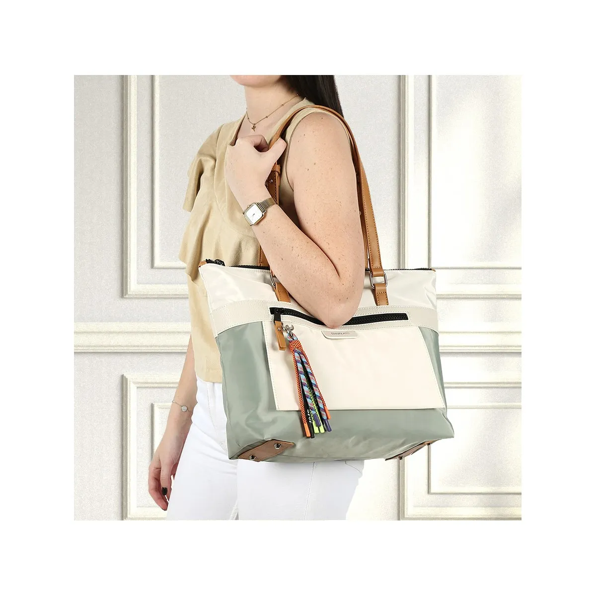 Bolso Binnari Shopper mujer en tejido Begonia verde y negro Cnp19060