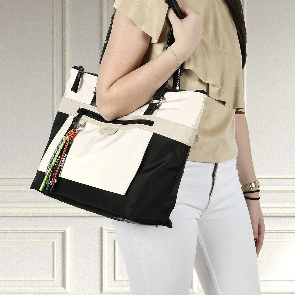 Bolso Binnari Shopper mujer en tejido Begonia verde y negro Cnp19060
