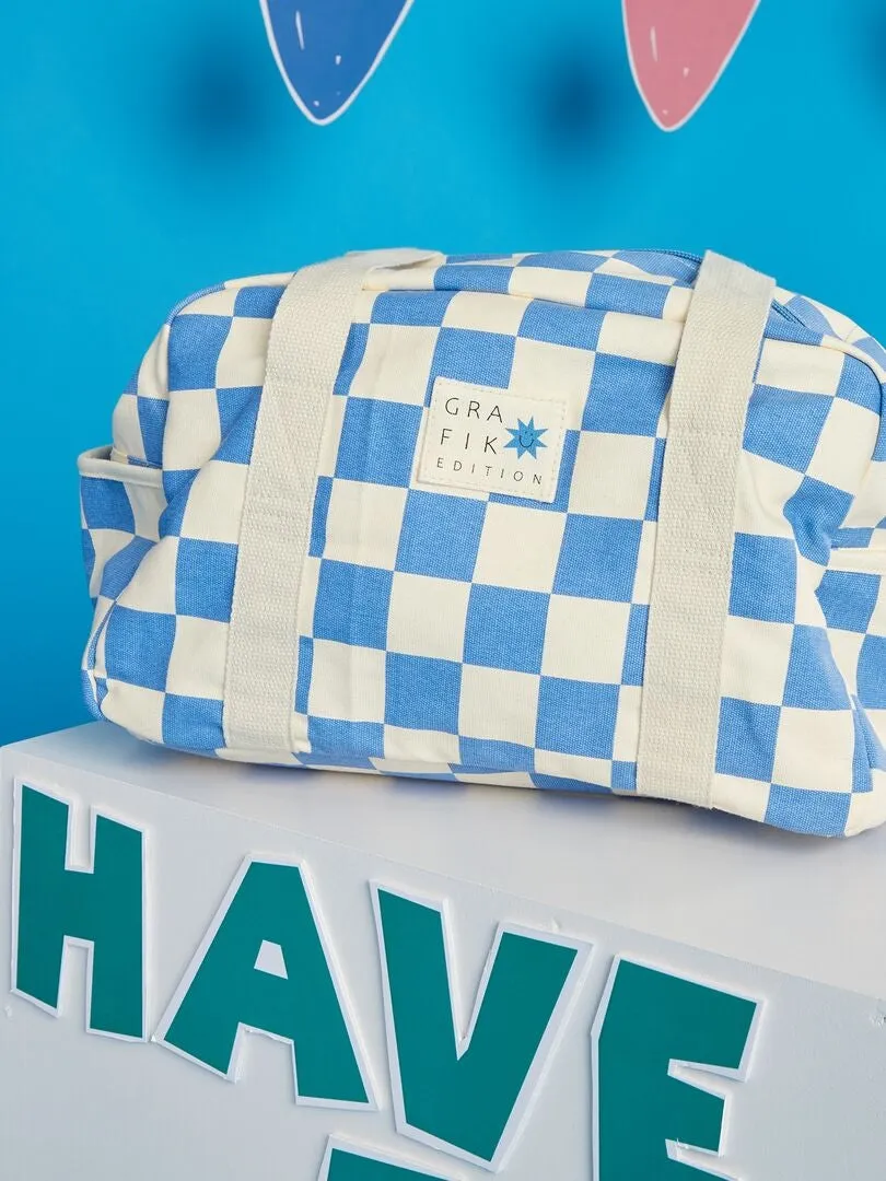 BOLSO FIN DE SEMANA ESTAMPADO DAMERO  AZUL