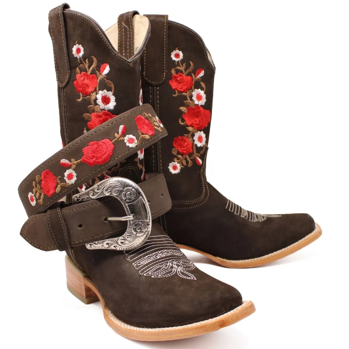 BOTAS DE CUERO ACABADO NOBUCK PARA DAMA CON BORDADO CAFE ROD41507