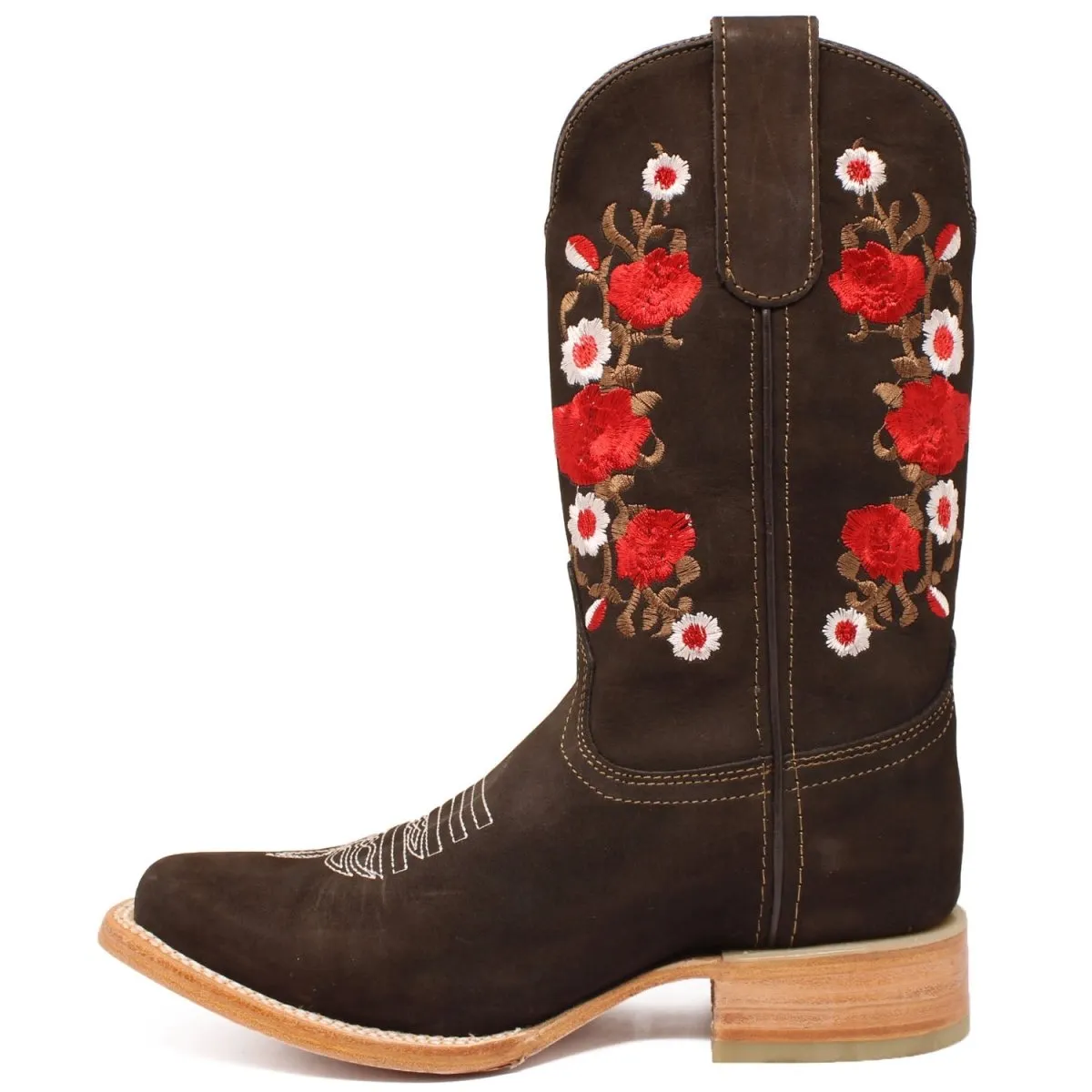 BOTAS DE CUERO ACABADO NOBUCK PARA DAMA CON BORDADO CAFE ROD41507