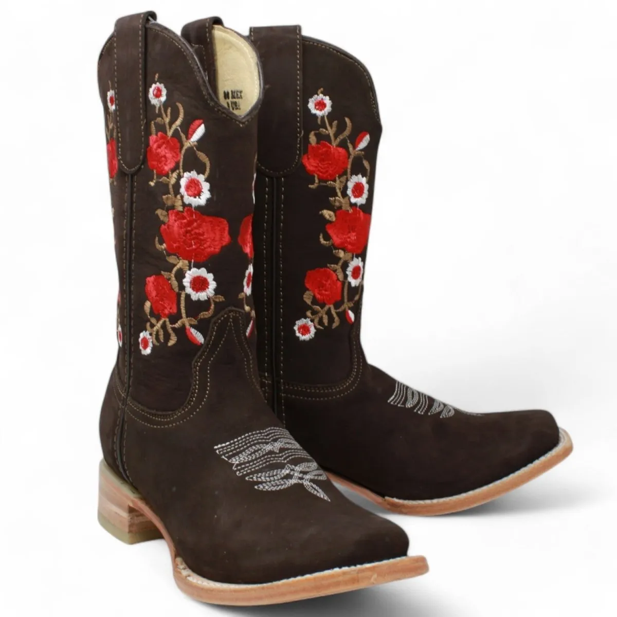 BOTAS DE CUERO ACABADO NOBUCK PARA DAMA CON BORDADO CAFE ROD41507