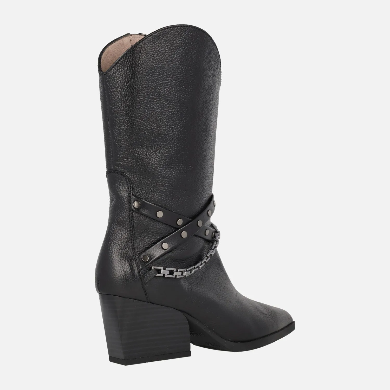 Botas negras de piel estilo cowboy con cadena y remaches de Hispanitas