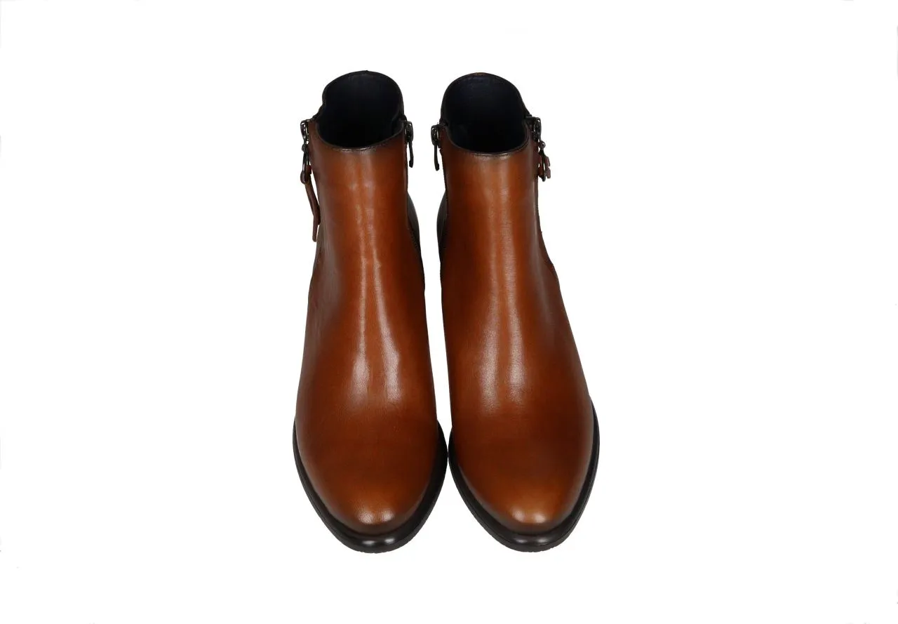 Botin Doble Cremallera Piel Cuero Tacon Medio