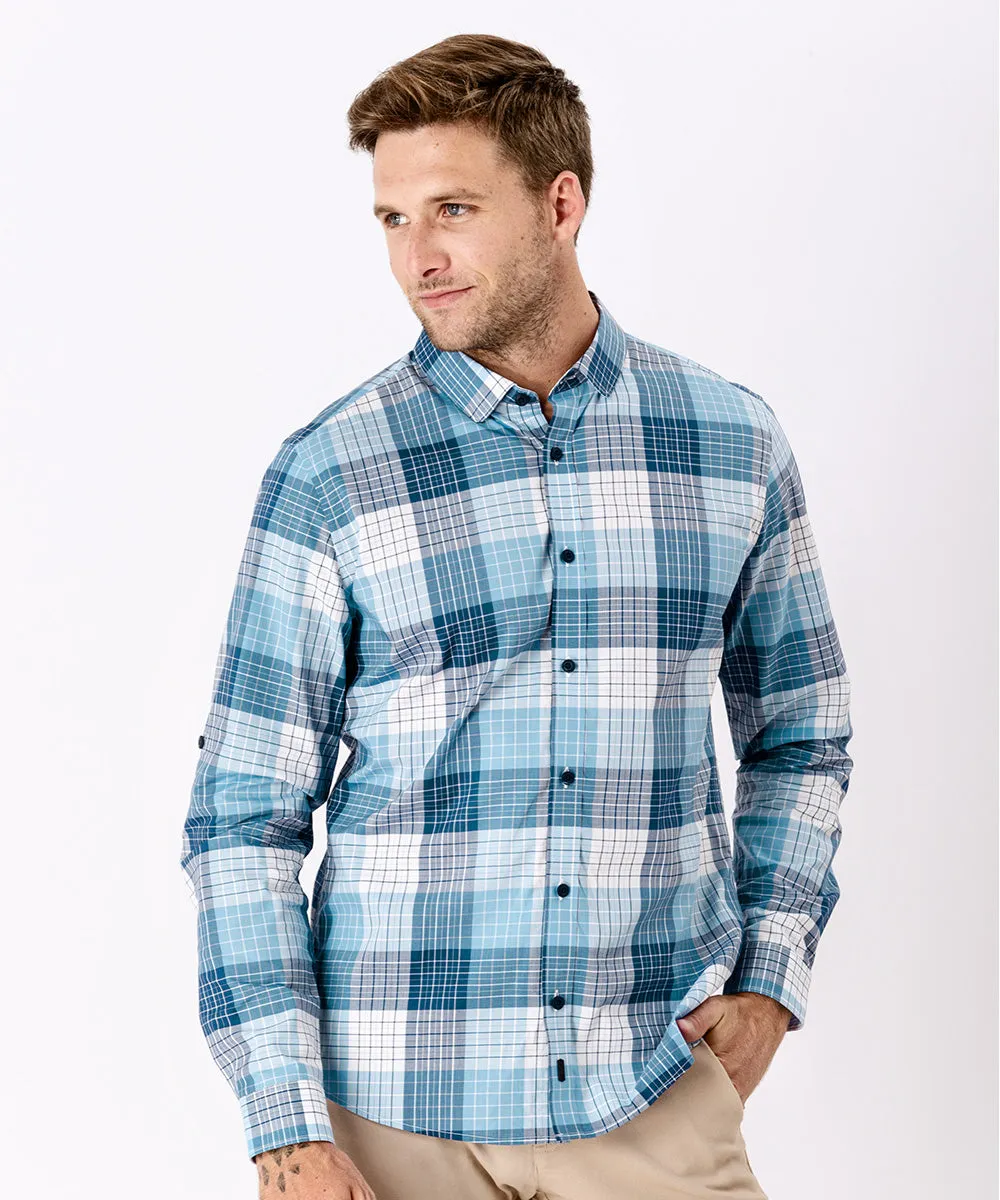 CAMISA MANGA LARGA CLASSIC FIT CUELLO PUNTA REDONDEADO OI23 CELESTE CUADROS