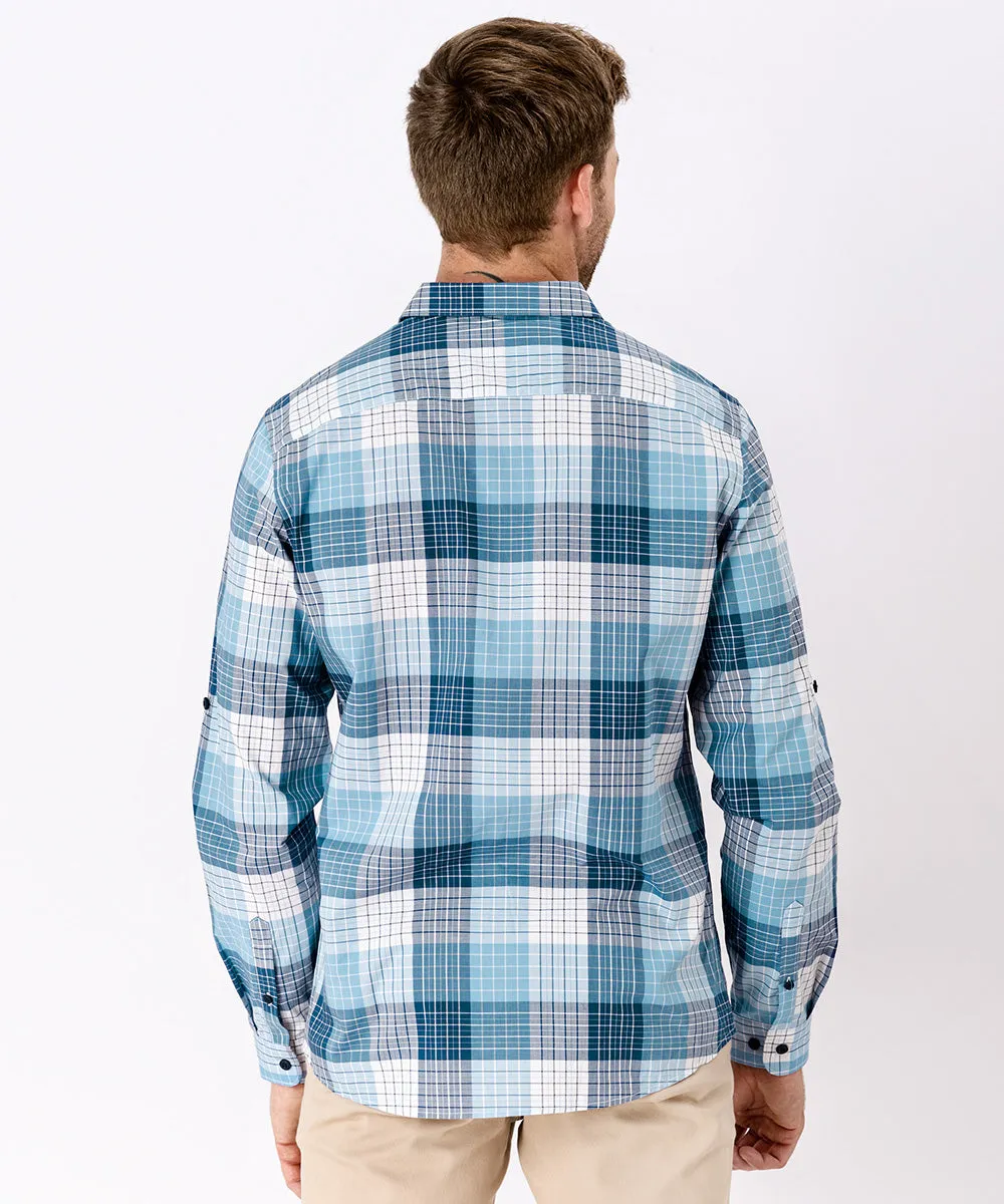 CAMISA MANGA LARGA CLASSIC FIT CUELLO PUNTA REDONDEADO OI23 CELESTE CUADROS