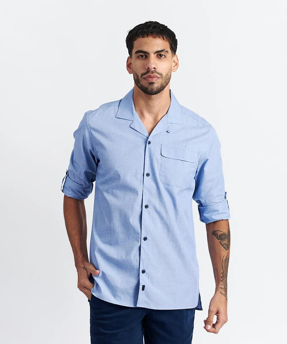 CAMISA MANGA LARGA CUELLO RESORT CON BOLSILLO ROLL UP CLASSIC FIT CELESTE PV24
