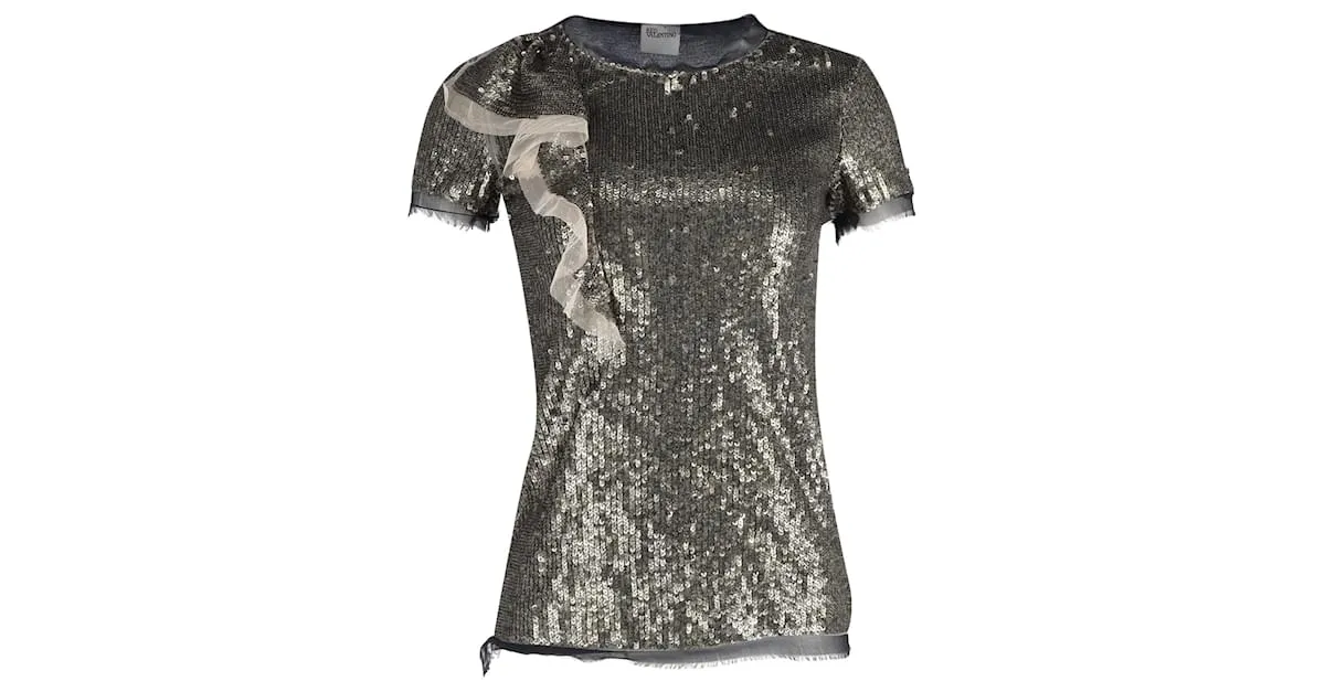 Camiseta con detalles de volantes Red Valentino en lentejuelas plateadas Plata Metálico 