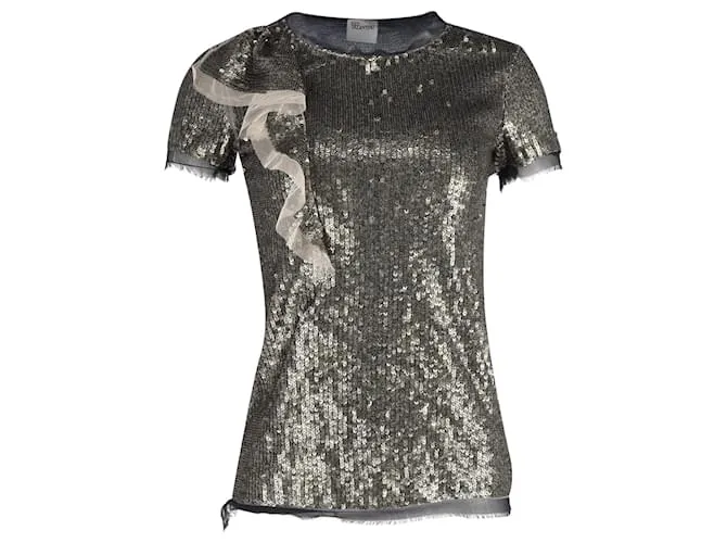 Camiseta con detalles de volantes Red Valentino en lentejuelas plateadas Plata Metálico 