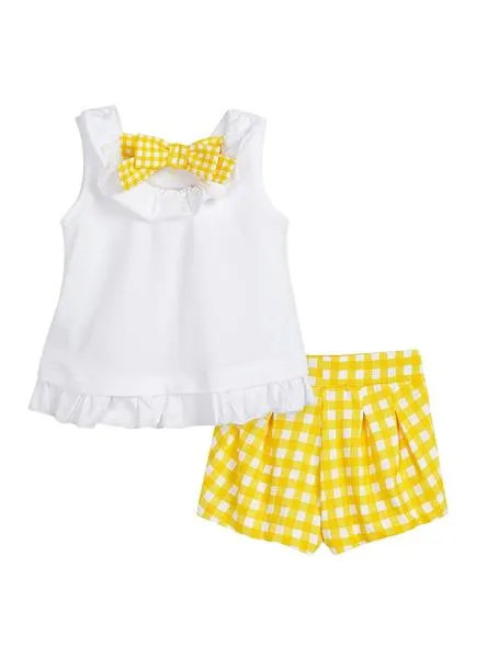 conjunto short mayoral vichy amarillo para niña