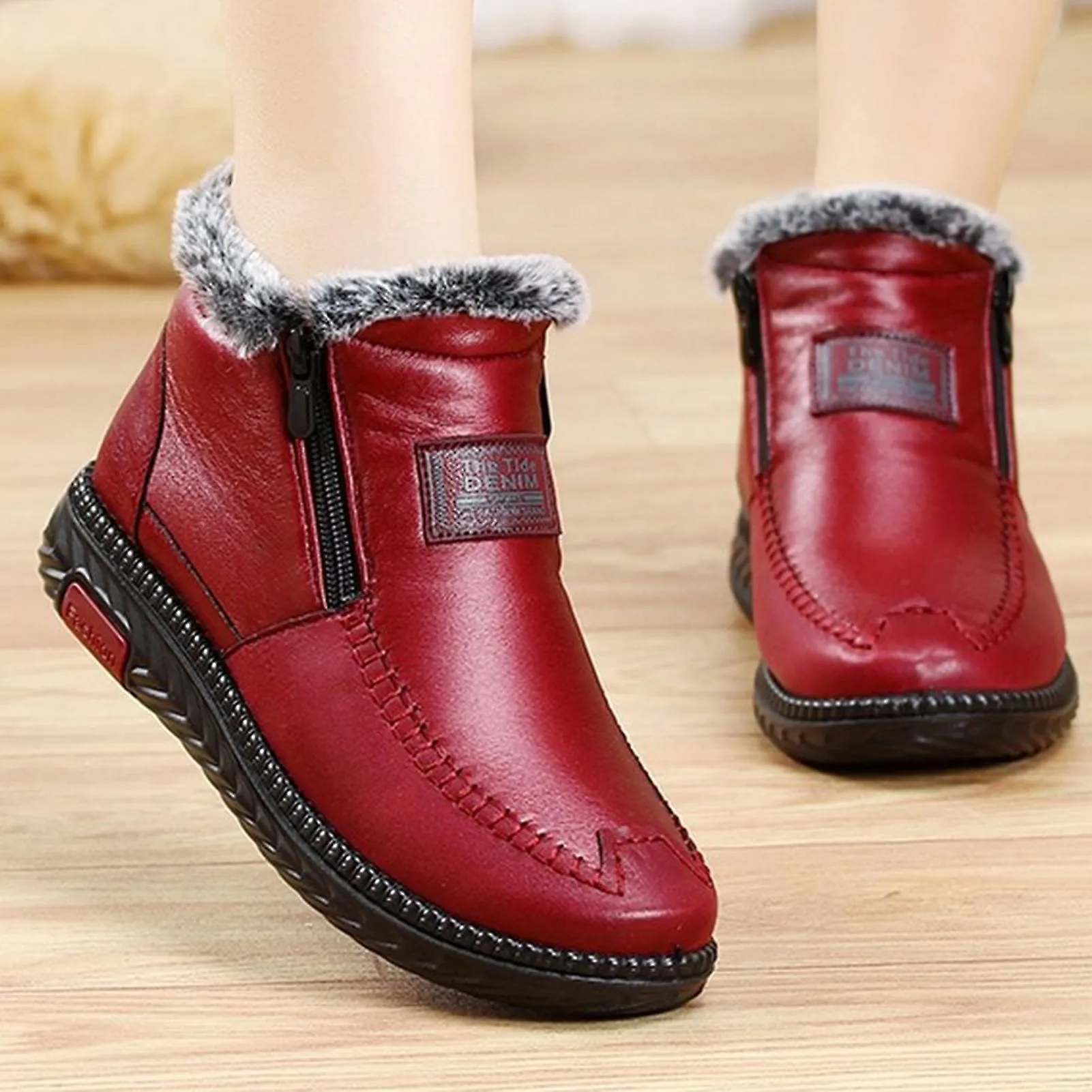 Cuero Moda Fleece Warm Short Boots Impermeable Soft Round Toe Shoes For Halloween Thanksgiving Christmas Gifts