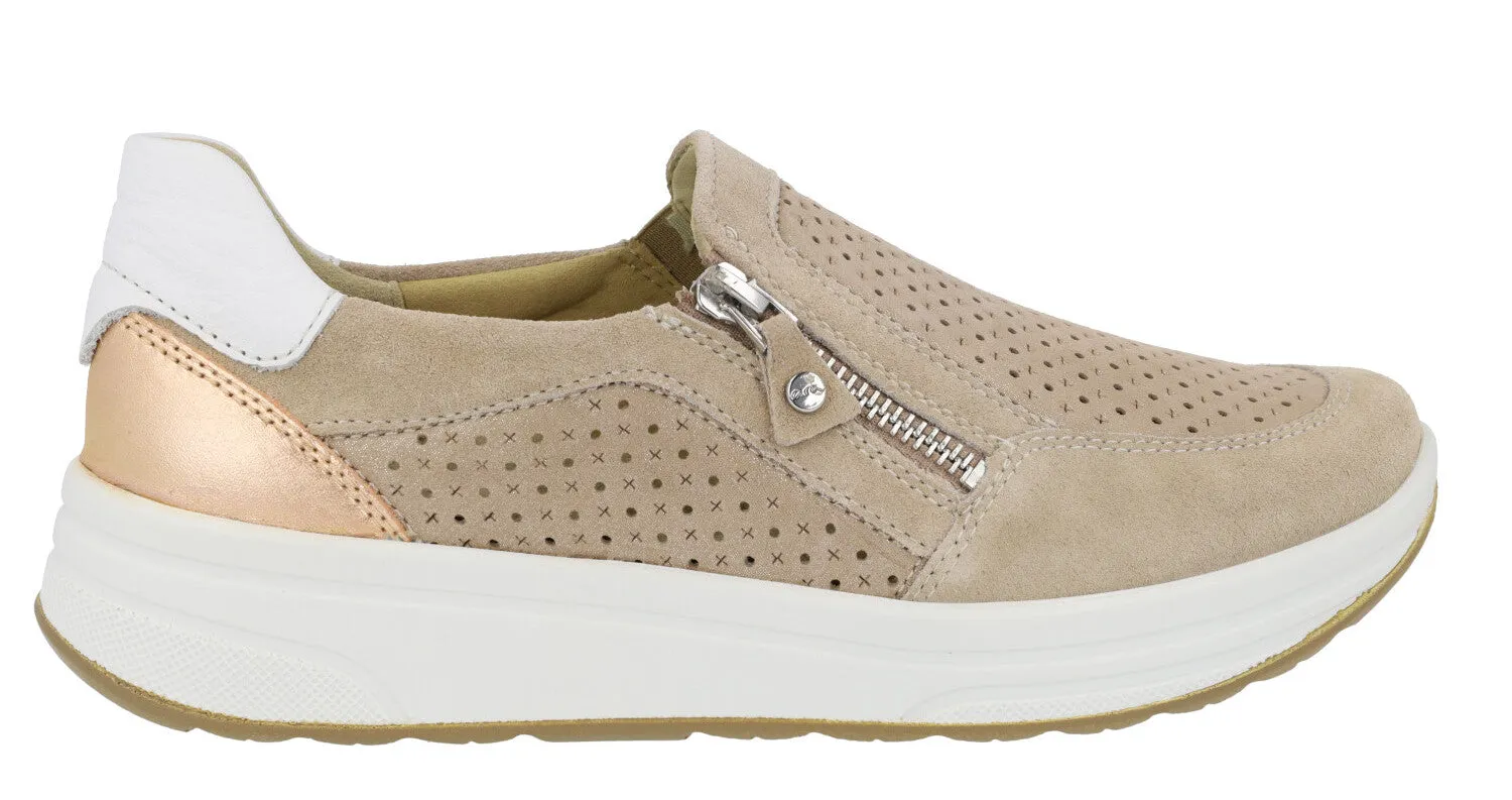 Deportivas en serraje beige con calados y cremallera lateral