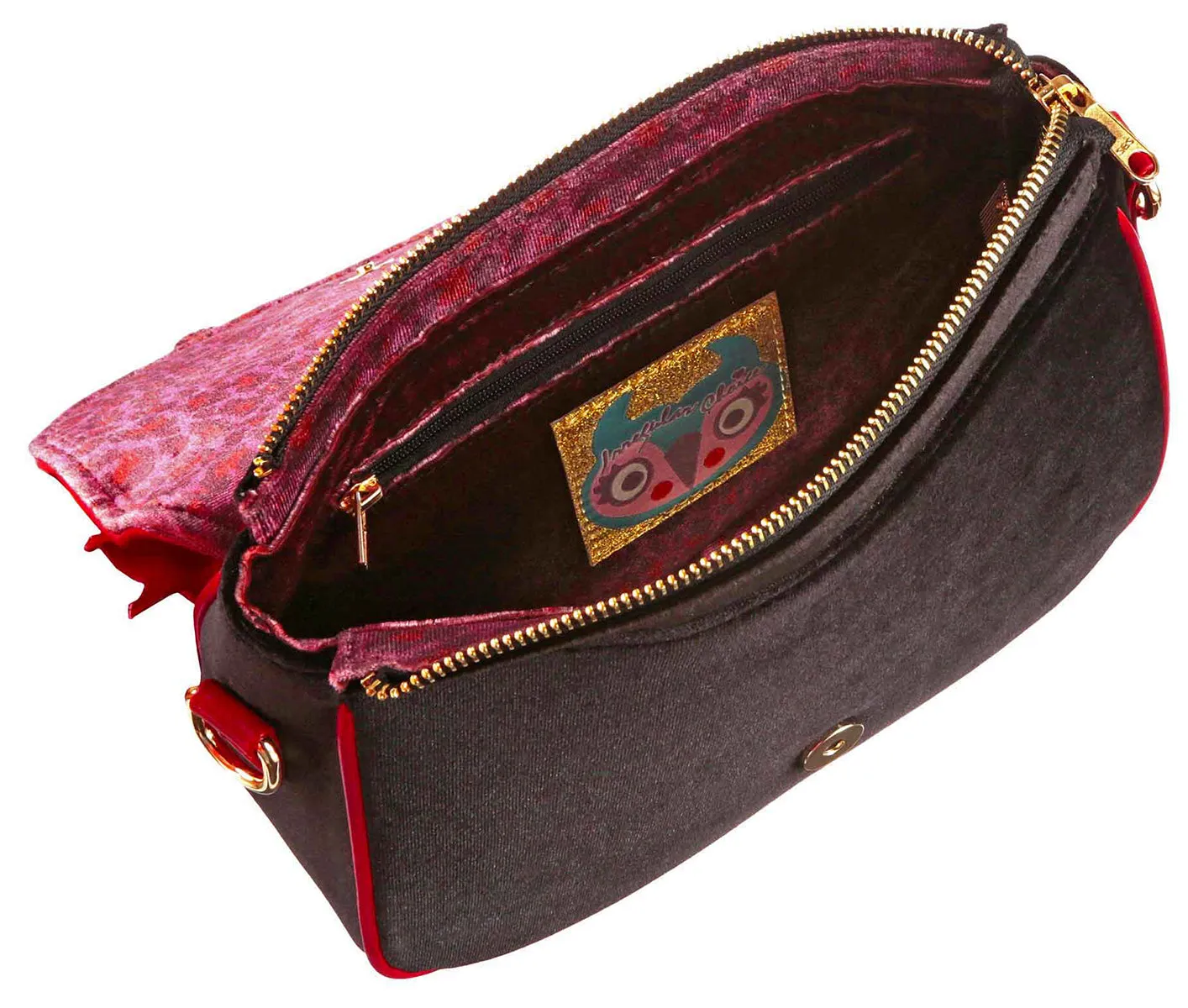 Irregular Choice Pretty Purr Bolso de terciopelo gatito para mujer en negro multi