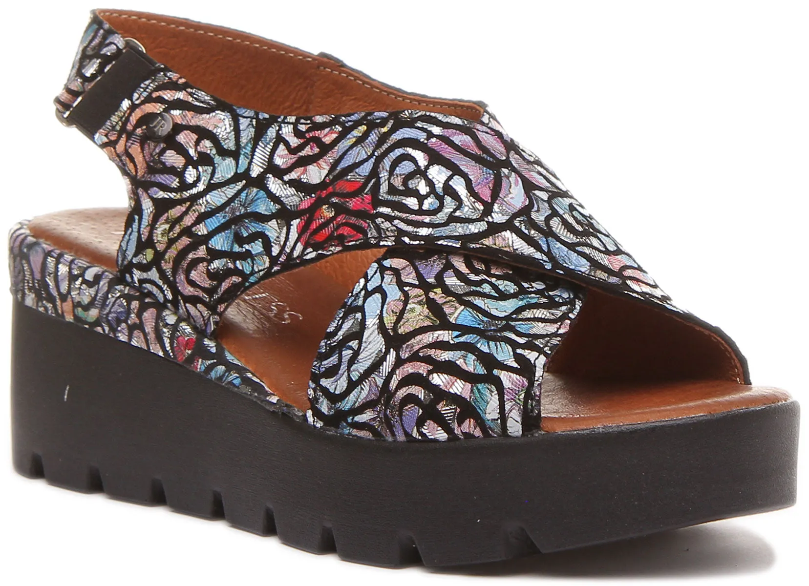 JUSTINREESS June Sandalia cruzada de cuero floral para mujer en negro