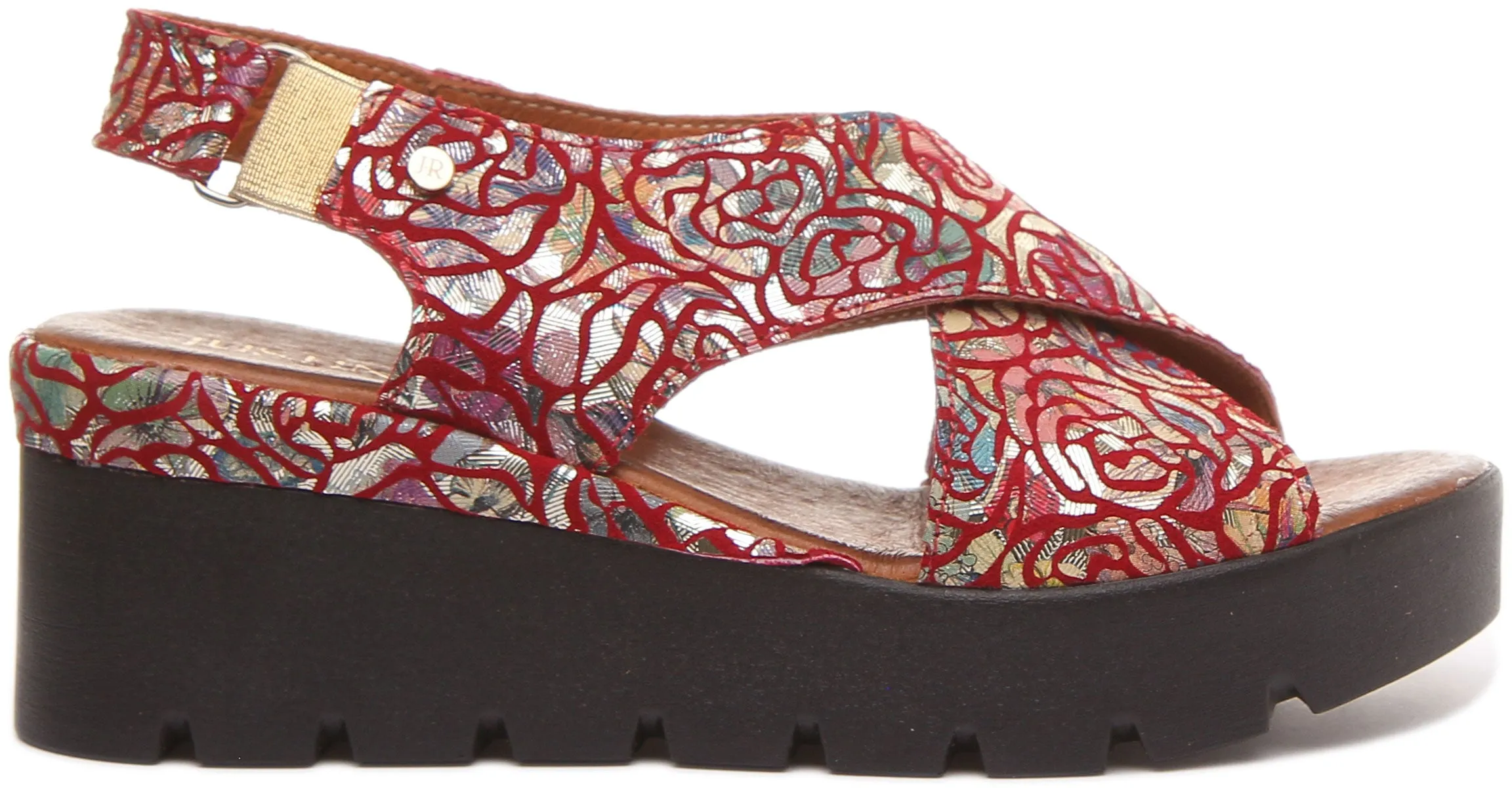 JUSTINREESS June Sandalia cruzada de cuero floral para mujer en negro