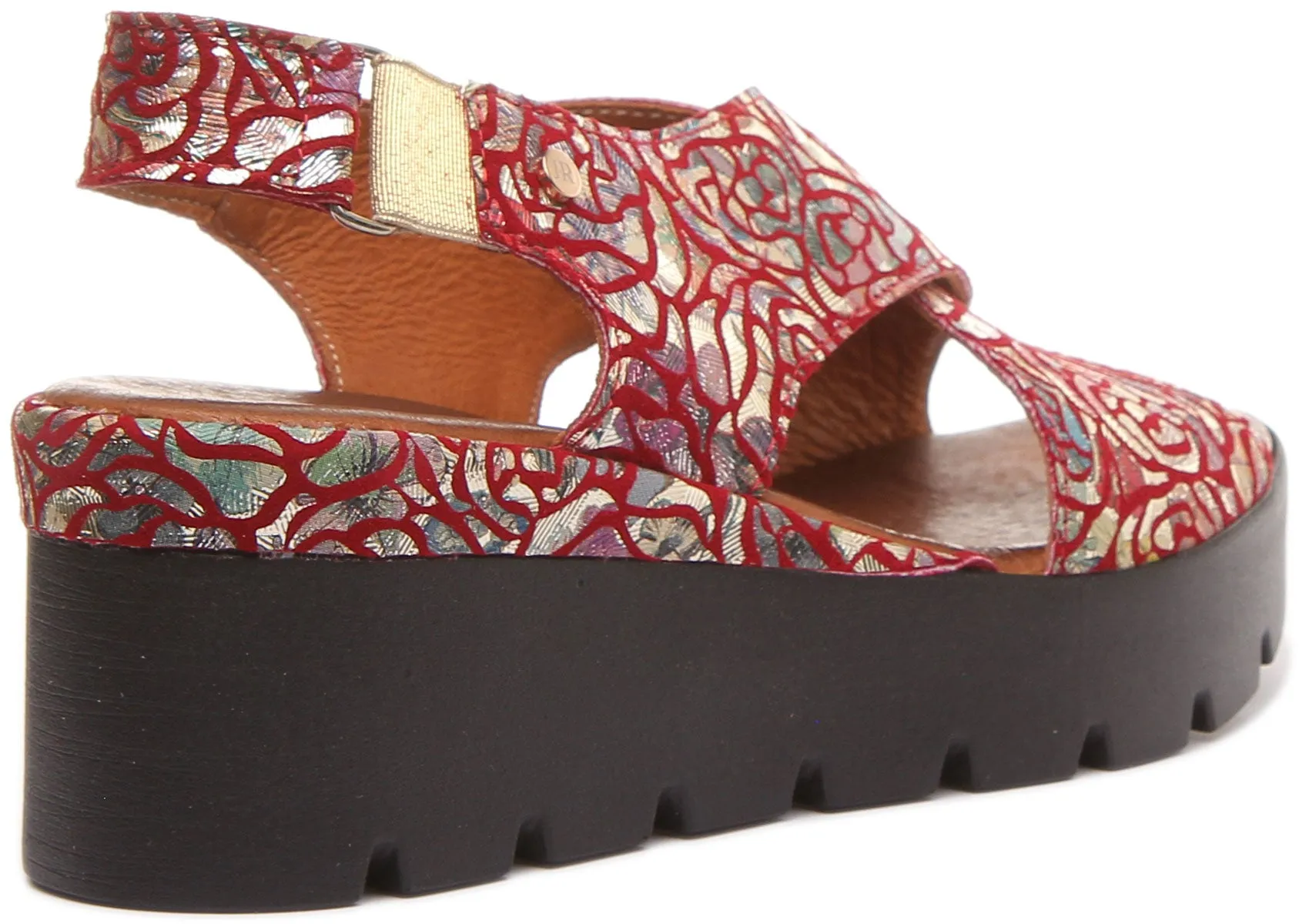 JUSTINREESS June Sandalia cruzada de cuero floral para mujer en negro