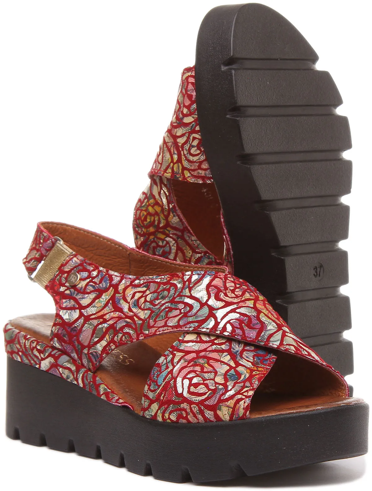 JUSTINREESS June Sandalia cruzada de cuero floral para mujer en negro