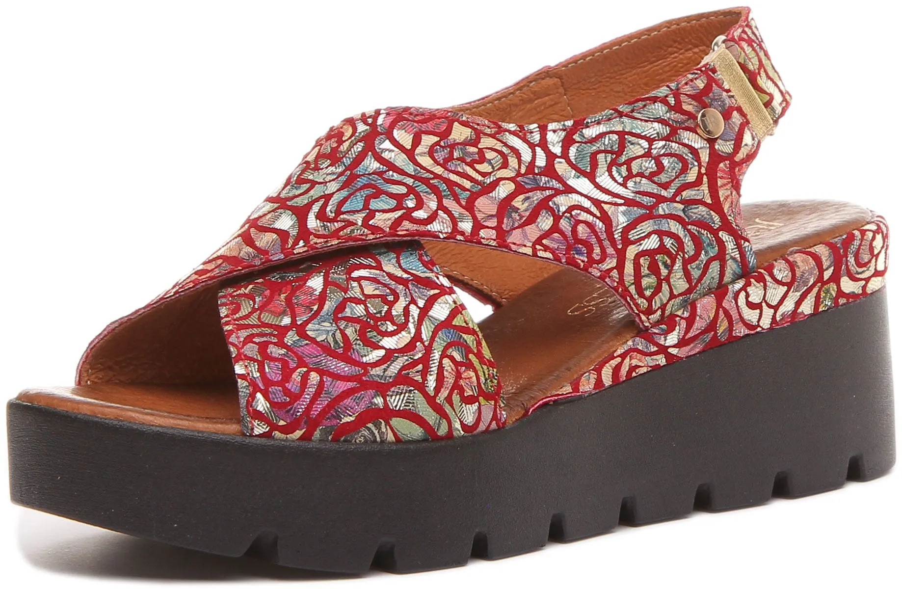 JUSTINREESS June Sandalia cruzada de cuero floral para mujer en negro