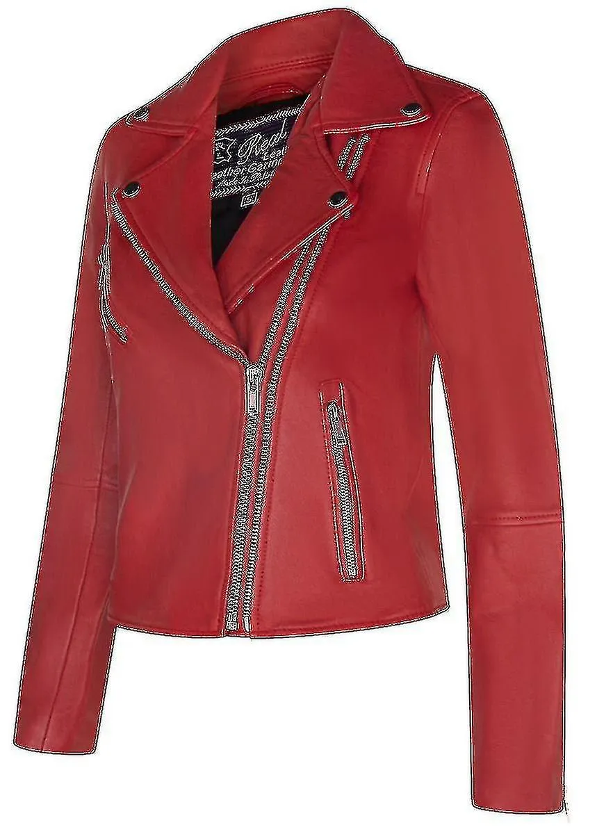 Ladies Classic Biker Style Red Real Leather Jacket