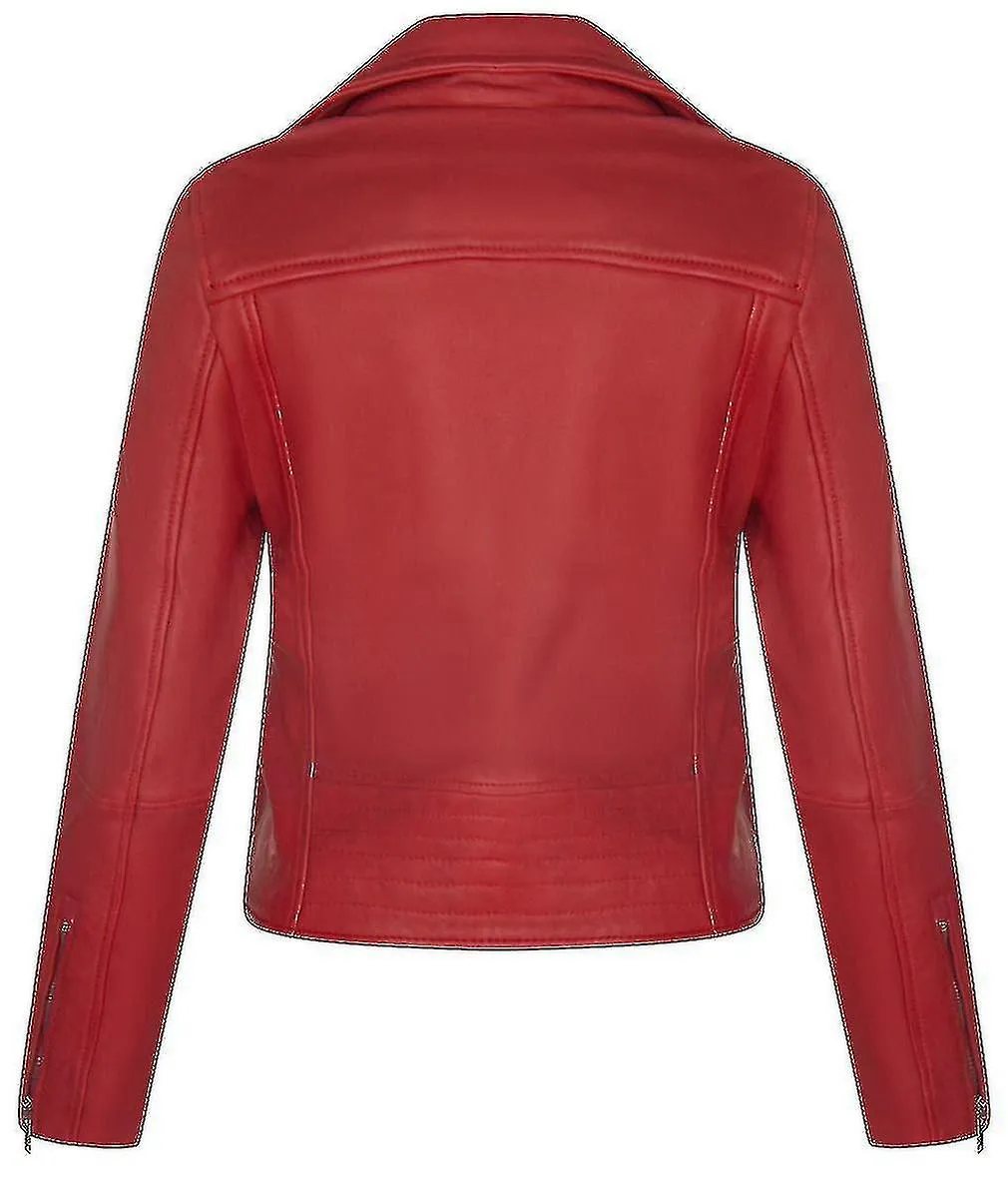 Ladies Classic Biker Style Red Real Leather Jacket