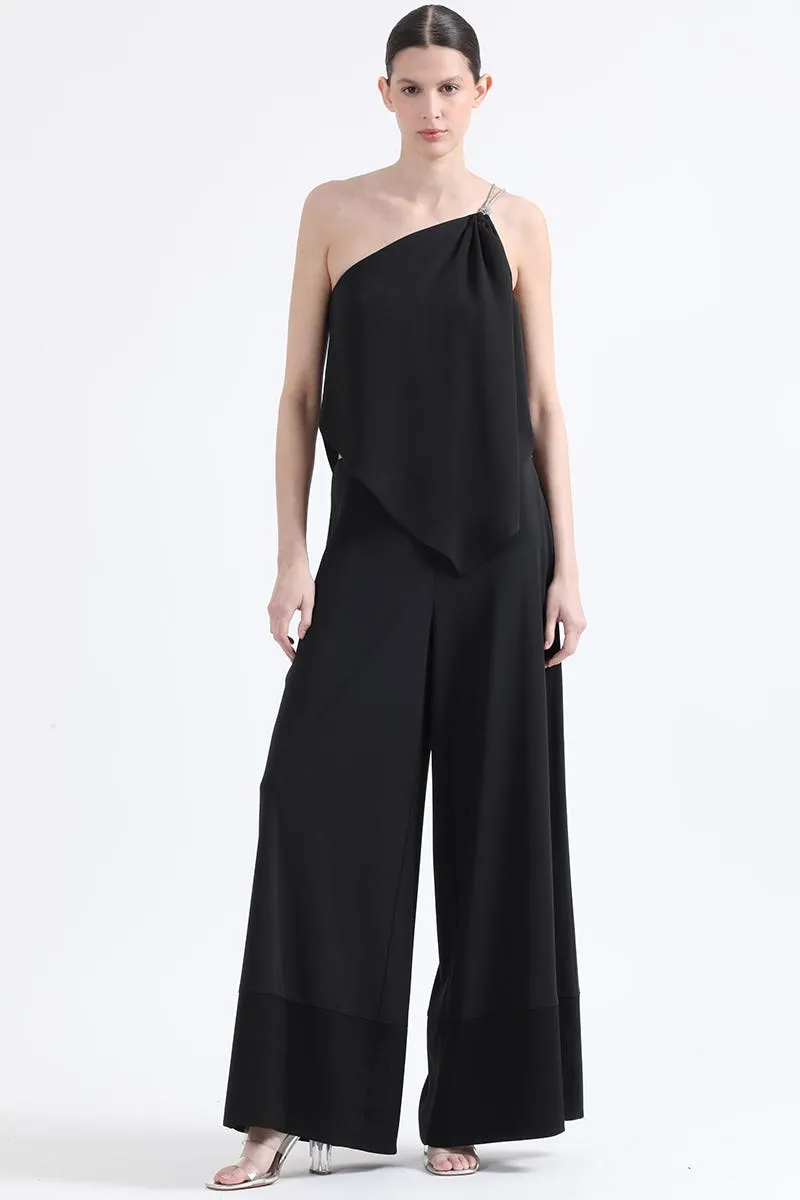 PANTALON PALAZZO, TIRO ALTO,  APLICACIÓN SATIN, NEGRO