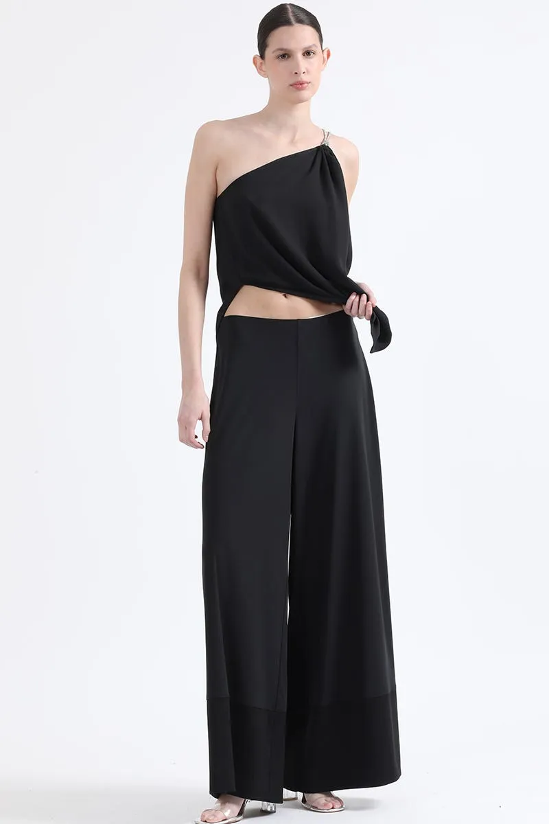 PANTALON PALAZZO, TIRO ALTO,  APLICACIÓN SATIN, NEGRO