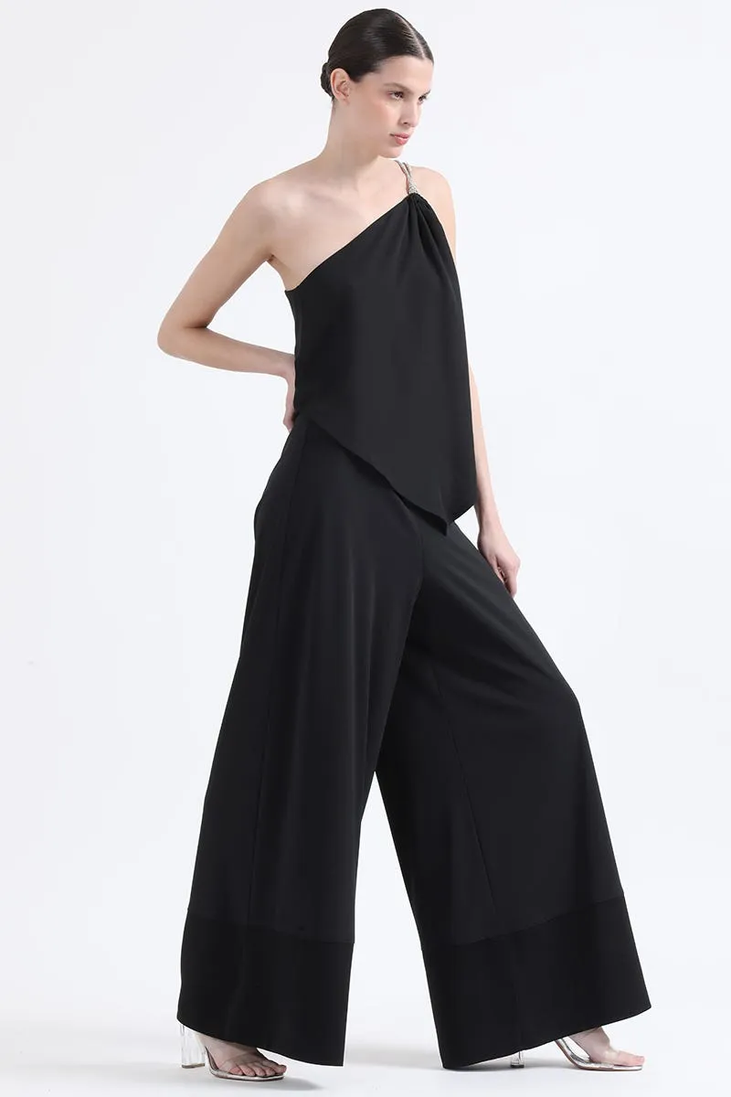 PANTALON PALAZZO, TIRO ALTO,  APLICACIÓN SATIN, NEGRO