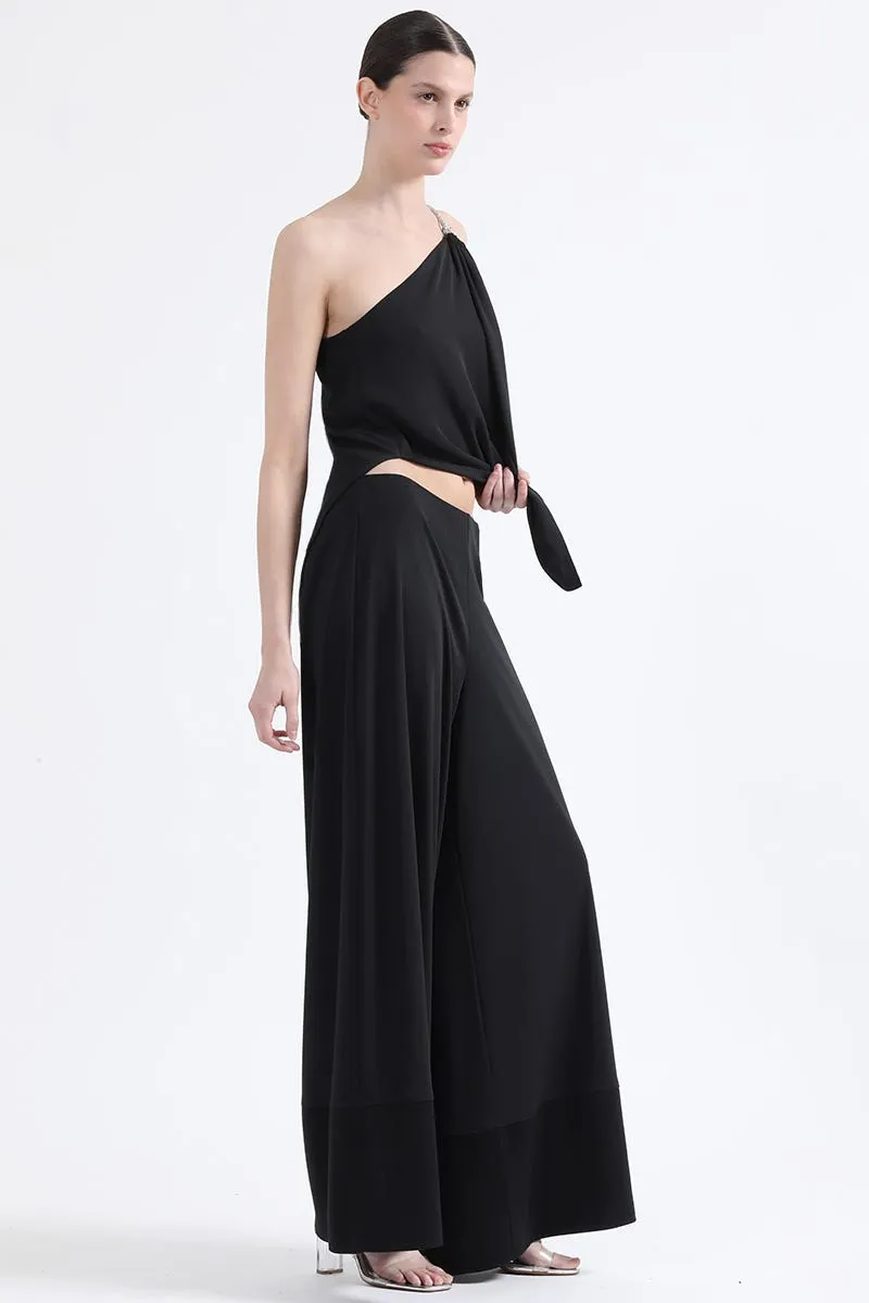 PANTALON PALAZZO, TIRO ALTO,  APLICACIÓN SATIN, NEGRO
