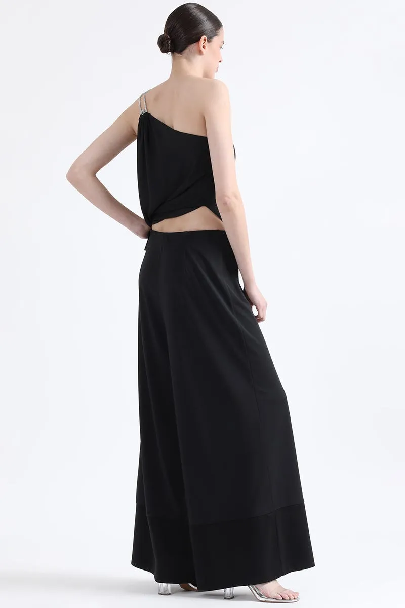 PANTALON PALAZZO, TIRO ALTO,  APLICACIÓN SATIN, NEGRO