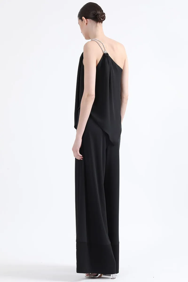 PANTALON PALAZZO, TIRO ALTO,  APLICACIÓN SATIN, NEGRO