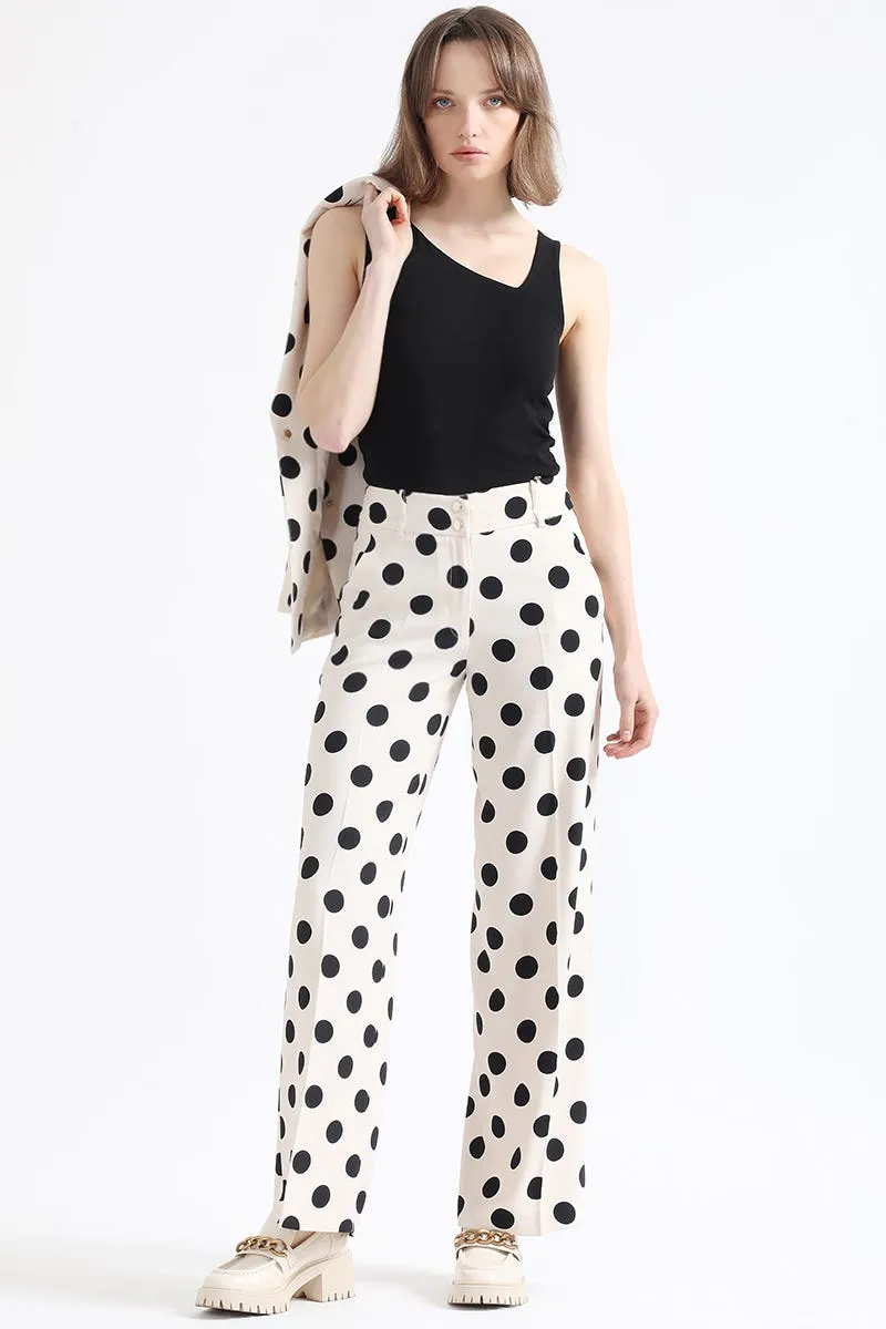 PANTALON RECTO TIRO ALTO, ESTAMPADO LUNARES, CRUDO/NEGRO