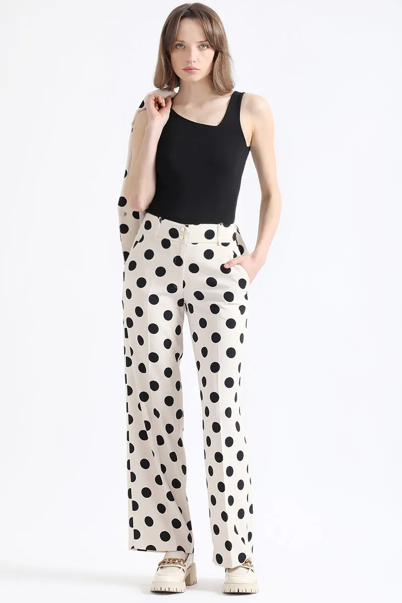 PANTALON RECTO TIRO ALTO, ESTAMPADO LUNARES, CRUDO/NEGRO