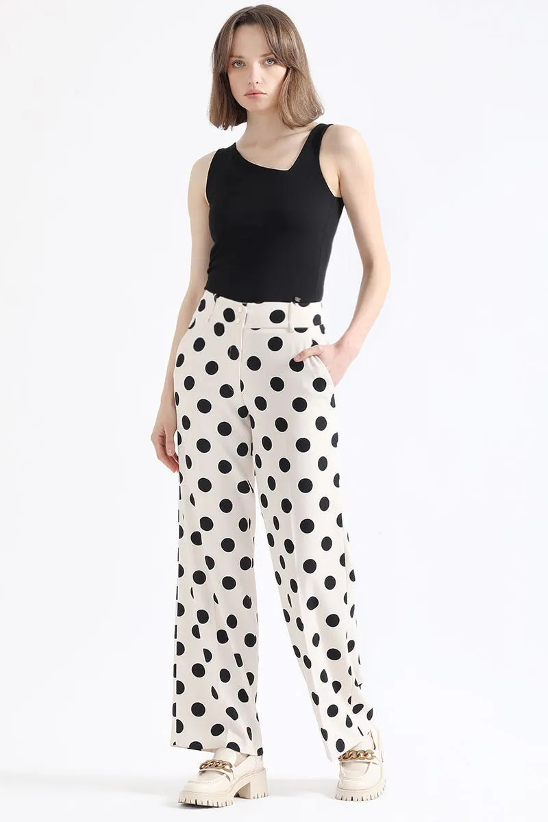 PANTALON RECTO TIRO ALTO, ESTAMPADO LUNARES, CRUDO/NEGRO