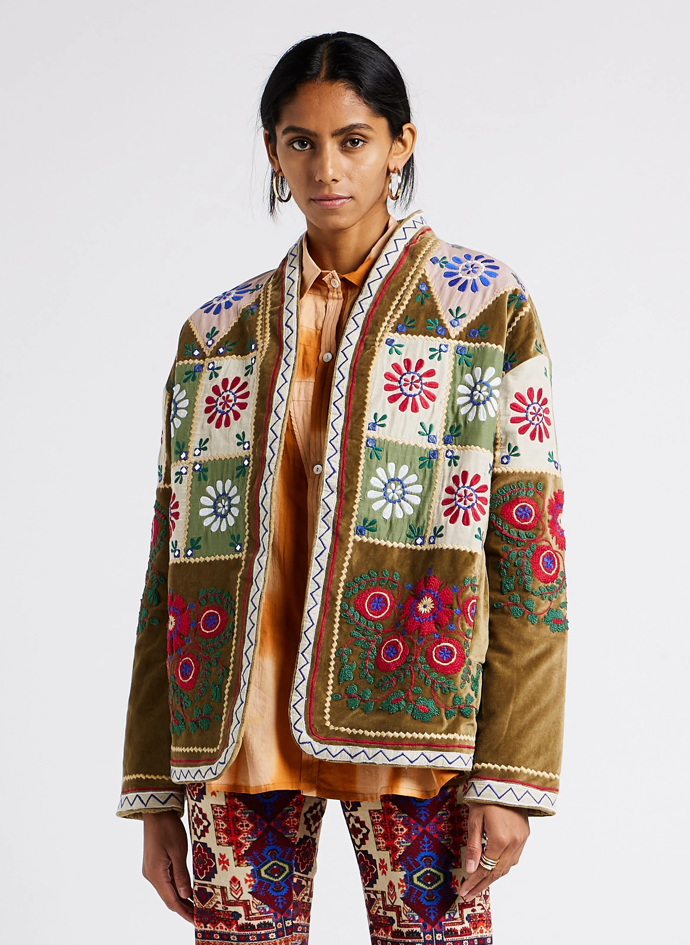PATCHWORK  CHAQUETA RECTA DE ALGODóN EN CAQUI