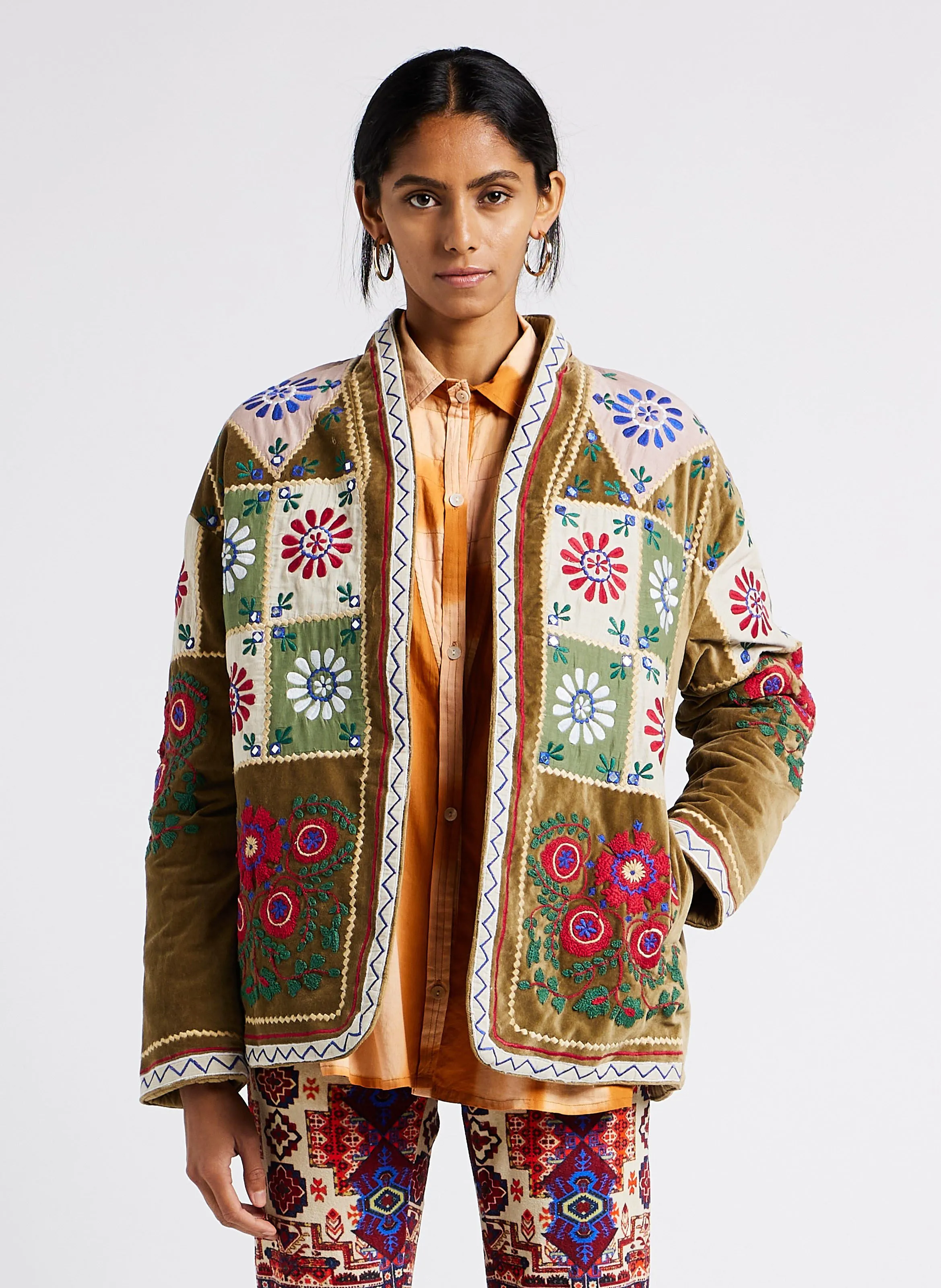 PATCHWORK  CHAQUETA RECTA DE ALGODóN EN CAQUI