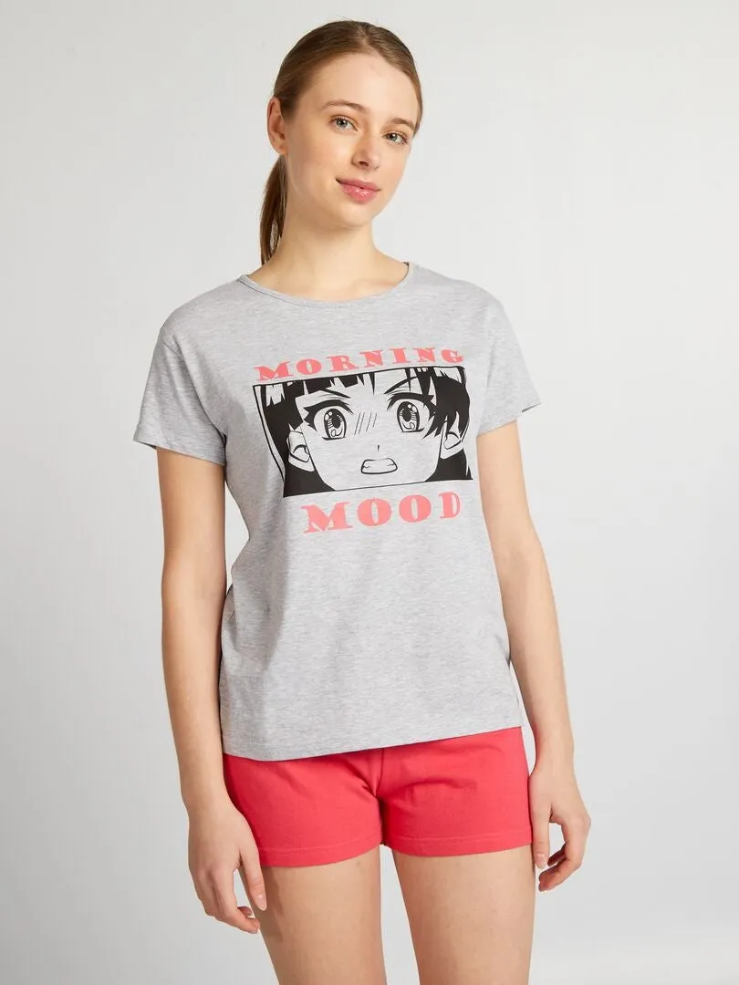 PIJAMA CORTO ESTAMPADO MANGA  2 PIEZAS  GRIS