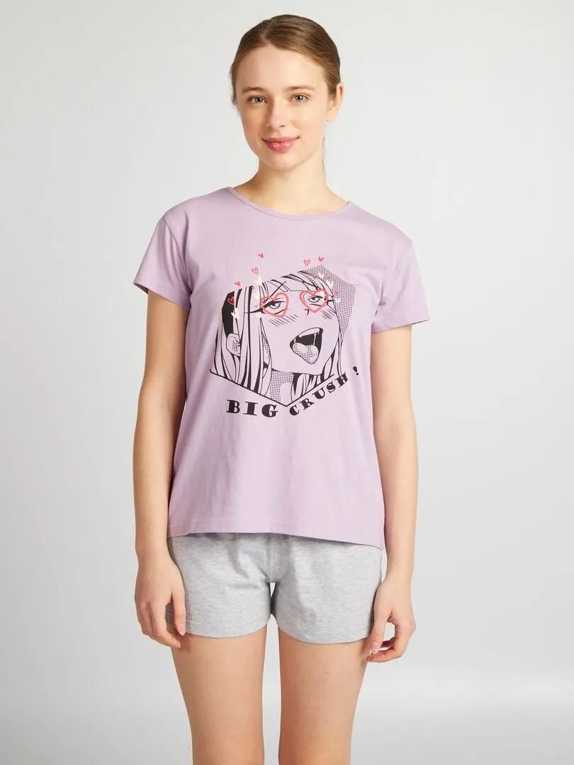 PIJAMA CORTO ESTAMPADO MANGA  2 PIEZAS  PURPURA